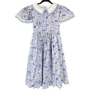 Sarah Kent Vintage Girls Toile Dress 12 Blue Peter Pan Collar Romantic Cottage